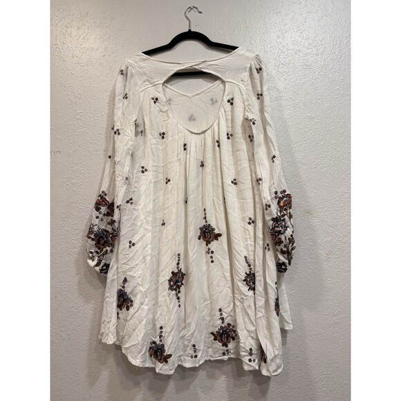 Free People Ivory Oxford Embroidered Slip On Mini Swing Bohemian Dress Medium - Picture 4 of 10